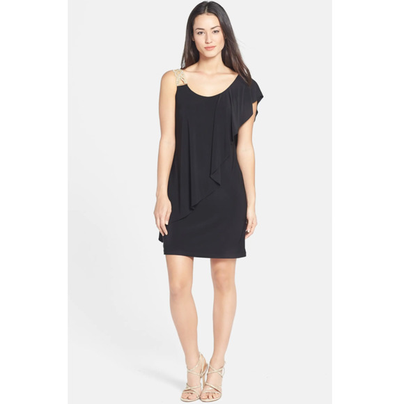 Betsy & Adam Embellished One-Shoulder Popover Cocktail Dress in Black Size 4 - Picture 2 of 12